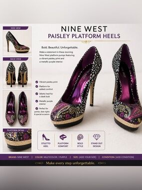 Nine West Multicolor Paisley Platform Pumps with Purple Metallic Interior size 9